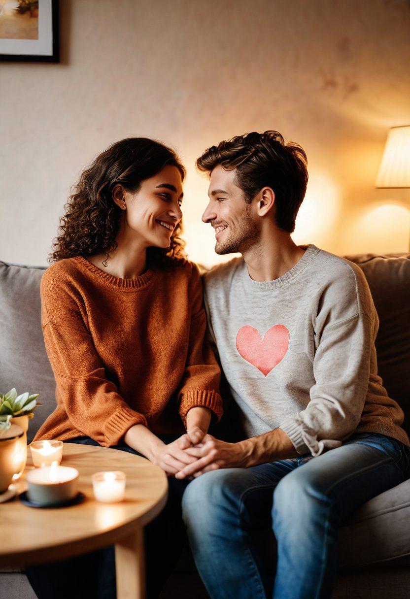 A couple sitting on a cozy couch, holding hands and sharing a warm smile, surrounded by soft, ambient lighting. Include elements like a heart-shaped plant, a cup of tea on a table, and a framed photo of cherished memories in the background. Emphasize warmth, closeness, and emotional connection in their body language. super-realistic. warm colors. soft focus.