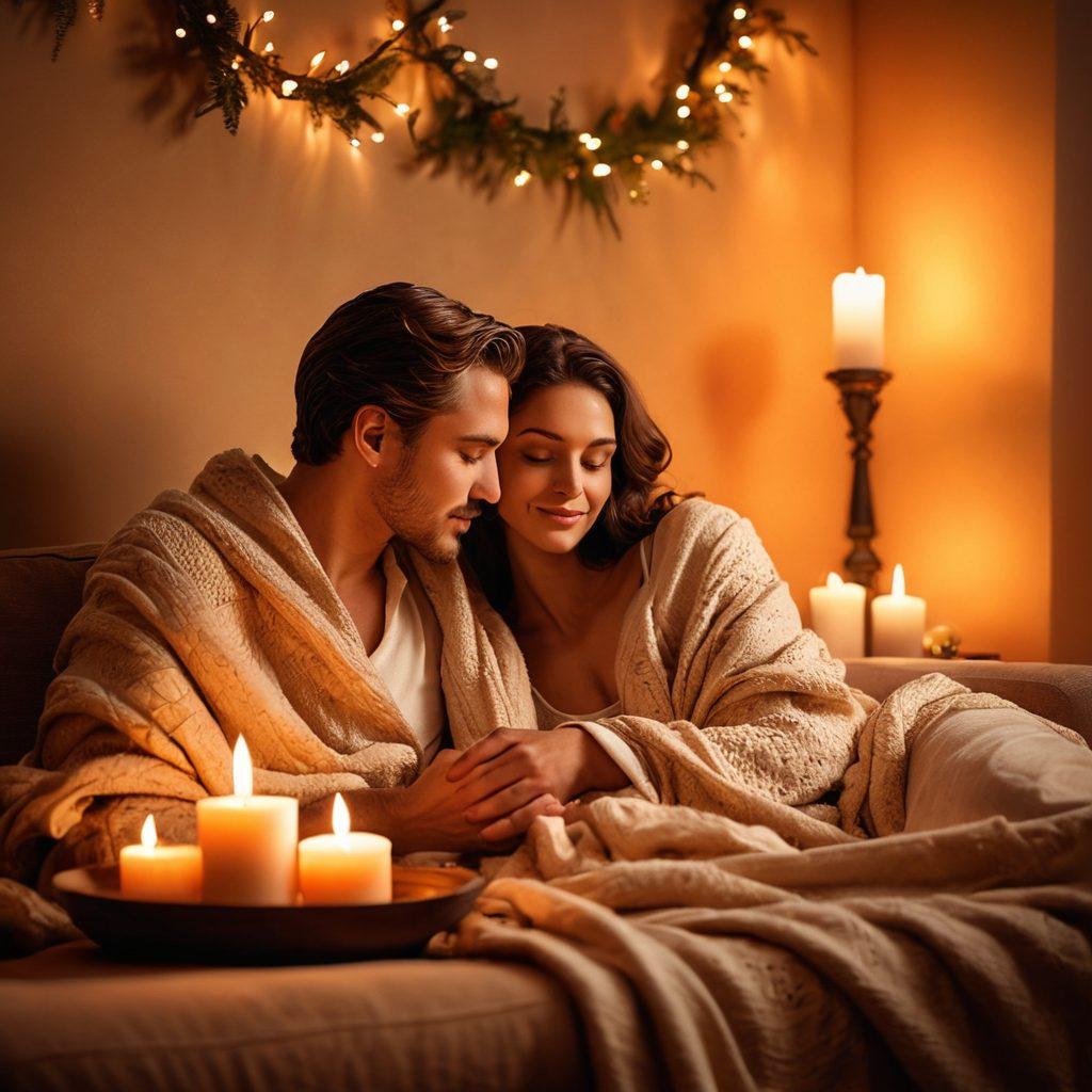 A warm and inviting scene depicting a couple sitting together on a cozy couch, sharing a tender moment over a soft blanket, surrounded by flickering candles and romantic decorations. Elements of connection and love, such as intertwined hands and gentle smiles, are highlighted. The ambiance is filled with soft, warm lighting to enhance intimacy. super-realistic. warm colors. soft focus.